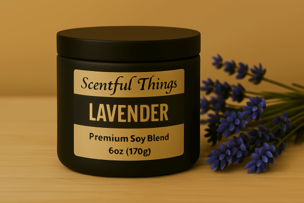 Lavender soy candle in a 8oz black tin