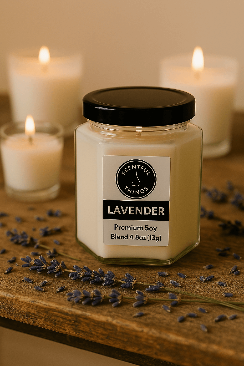 Lavender candle on a table with lavender flowers