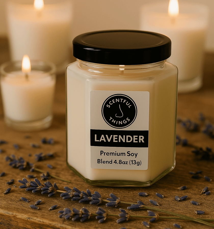 A hand-poured soy candle in a 6.5oz jar sitting on a wooden table.