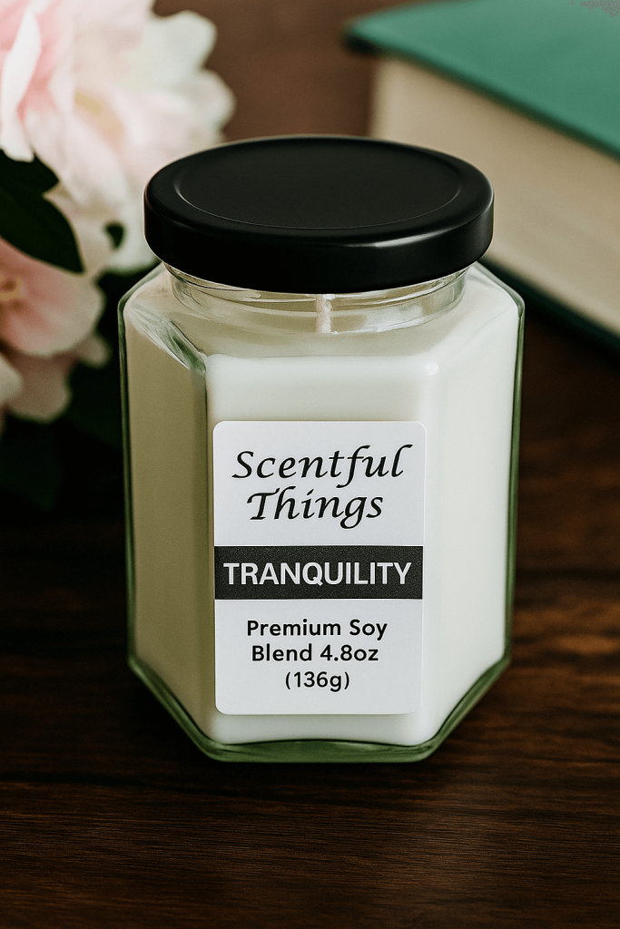 Scentful Things Tranquility candle on a wooden table with pink flowers.