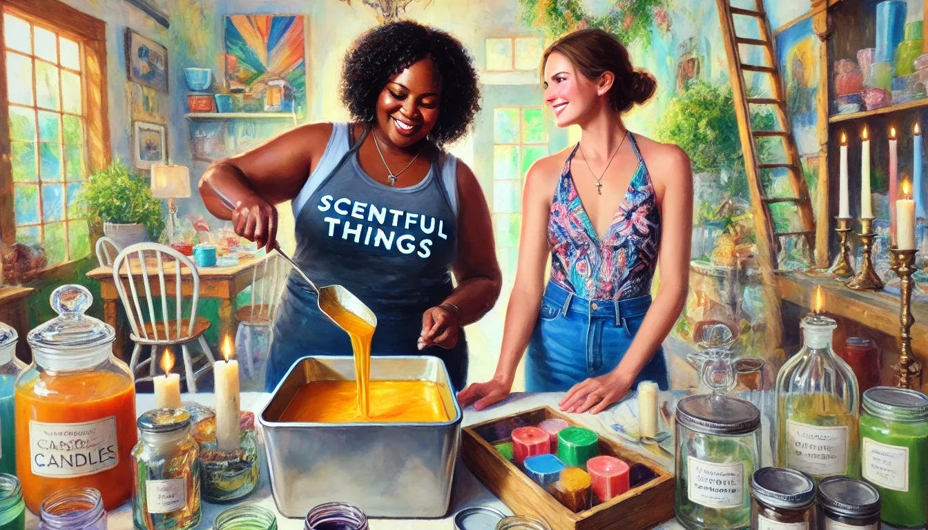 Two women making soy way candles, one wearing a Scentful Things apron.