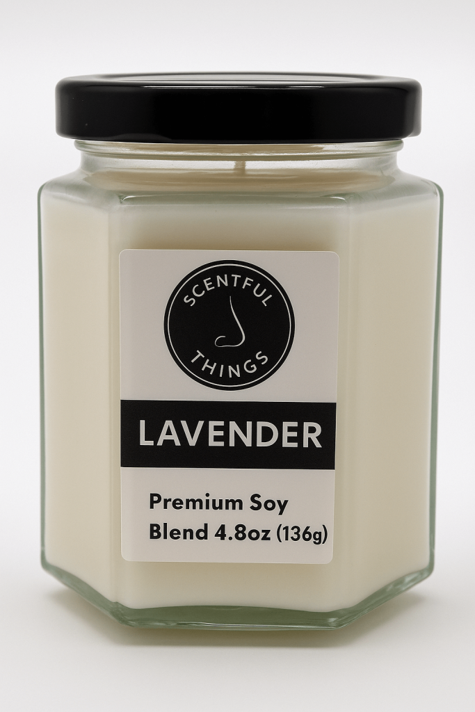 Candle Business Blogging Strategies for hand-poured lavender candle in hexagon jar.
