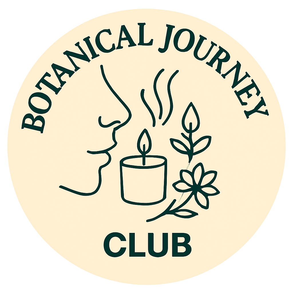 lineart of a nose smelling a candle. The words Botanical Journey Club and flowers.