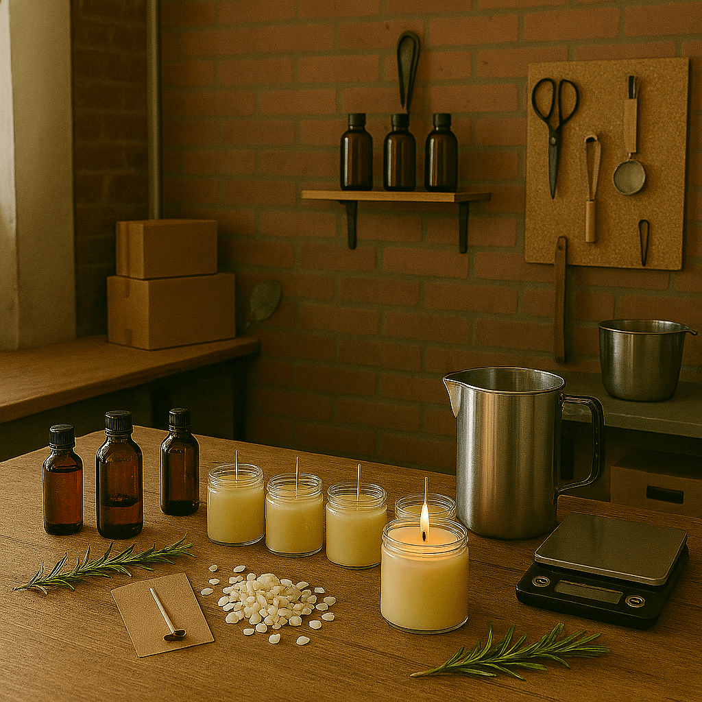 Tools, materials, and natural elements are laid out with care, creating a warm, inviting scene