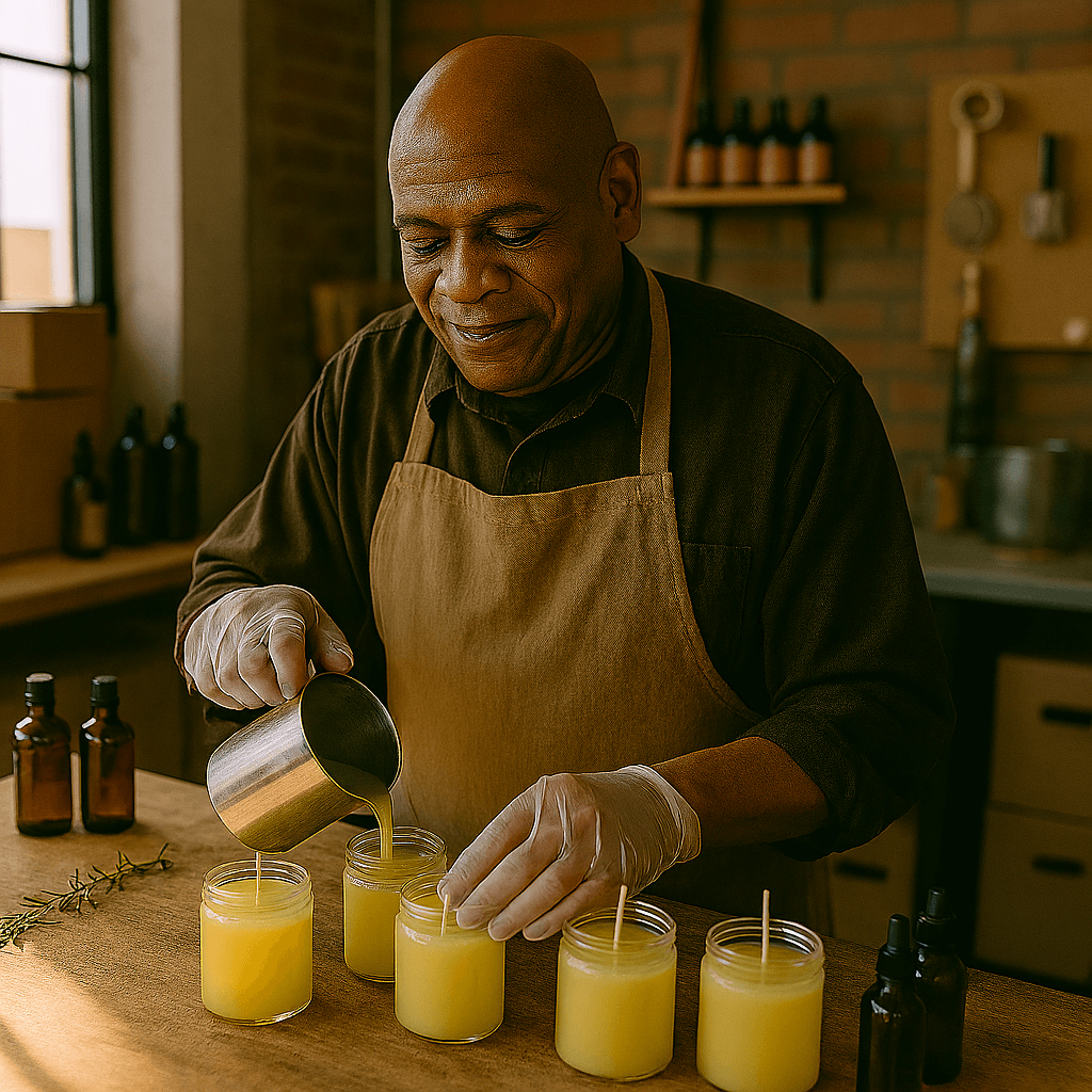 About Scentful Things – A Hermitage Tennessee artisan candle maker wearing gloves and branded apron, hand‑pouring eco‑friendly aromatherapy candles in a rustic brick‑walled workshop.