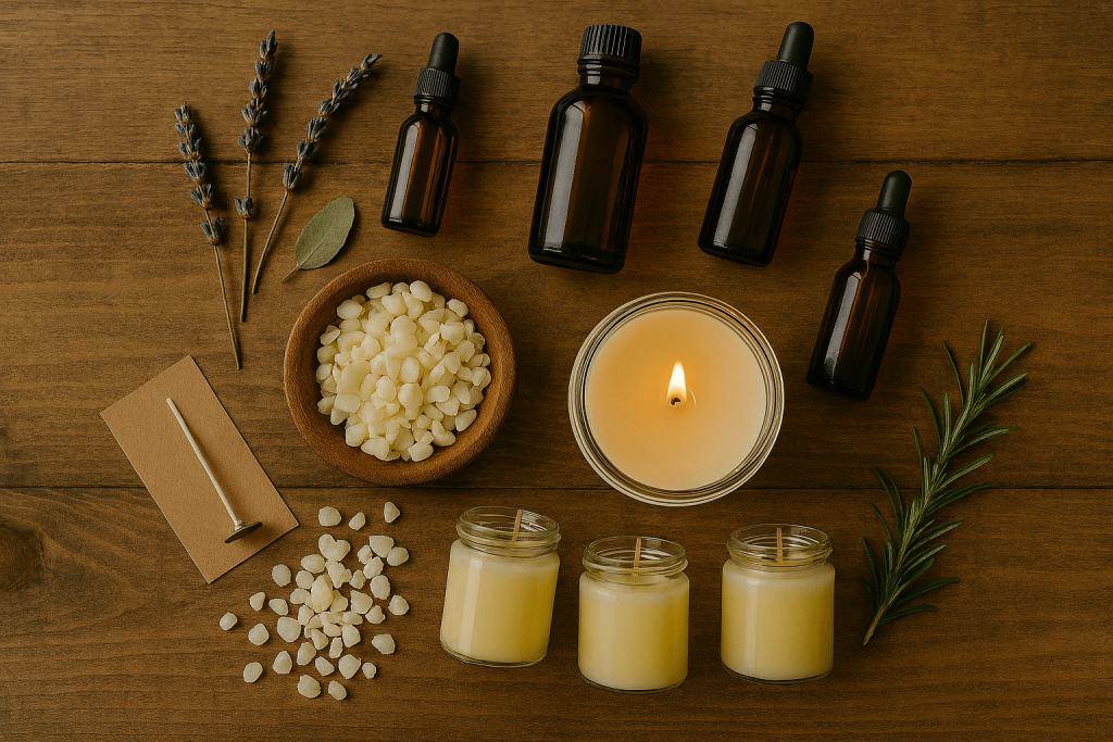 a warm, rustic tabletop scene with essential oils, wax pellets, and a softly glowing lit candle as the focal point